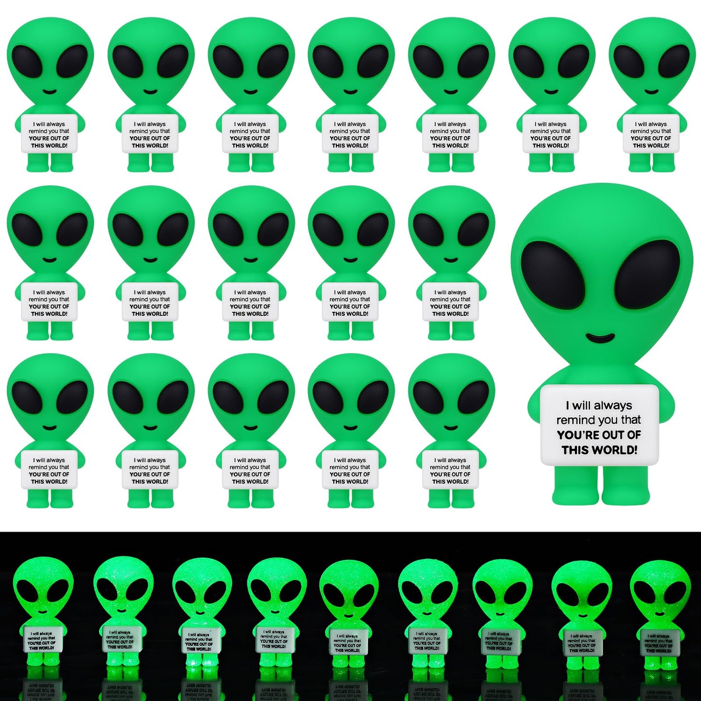 Gejoy 50 Pcs Mini Alien Figures Grow in the Dark Positive Gift Motivational Message Decorations Inspirational Rubber Figurines to Hide and Seek for Alien Space Party Favors Desk Decor