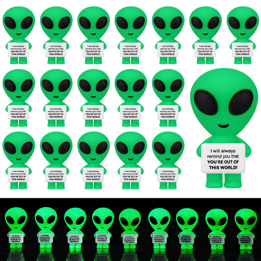 Gejoy 50 Pcs Mini Alien Figures Grow in the Dark Positive Gift Motivational Message Decorations Inspirational Rubber Figurines to Hide and Seek for Alien Space Party Favors Desk Decor