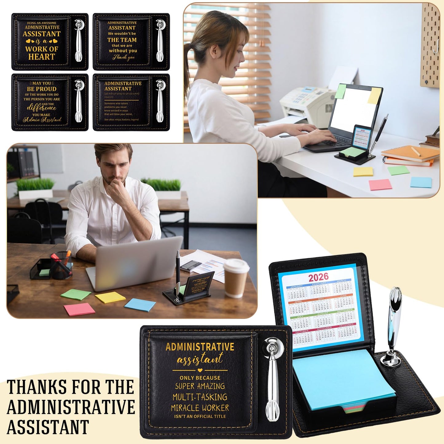 Crtiin 10 Set Administrative Assistant Gifts Secretary Gifts Sticky Note Holders with Sticky Notepads PU Leather Memo Box with Calendar Pen Holder Secretary Admin Professional Day Gift for Office Desk