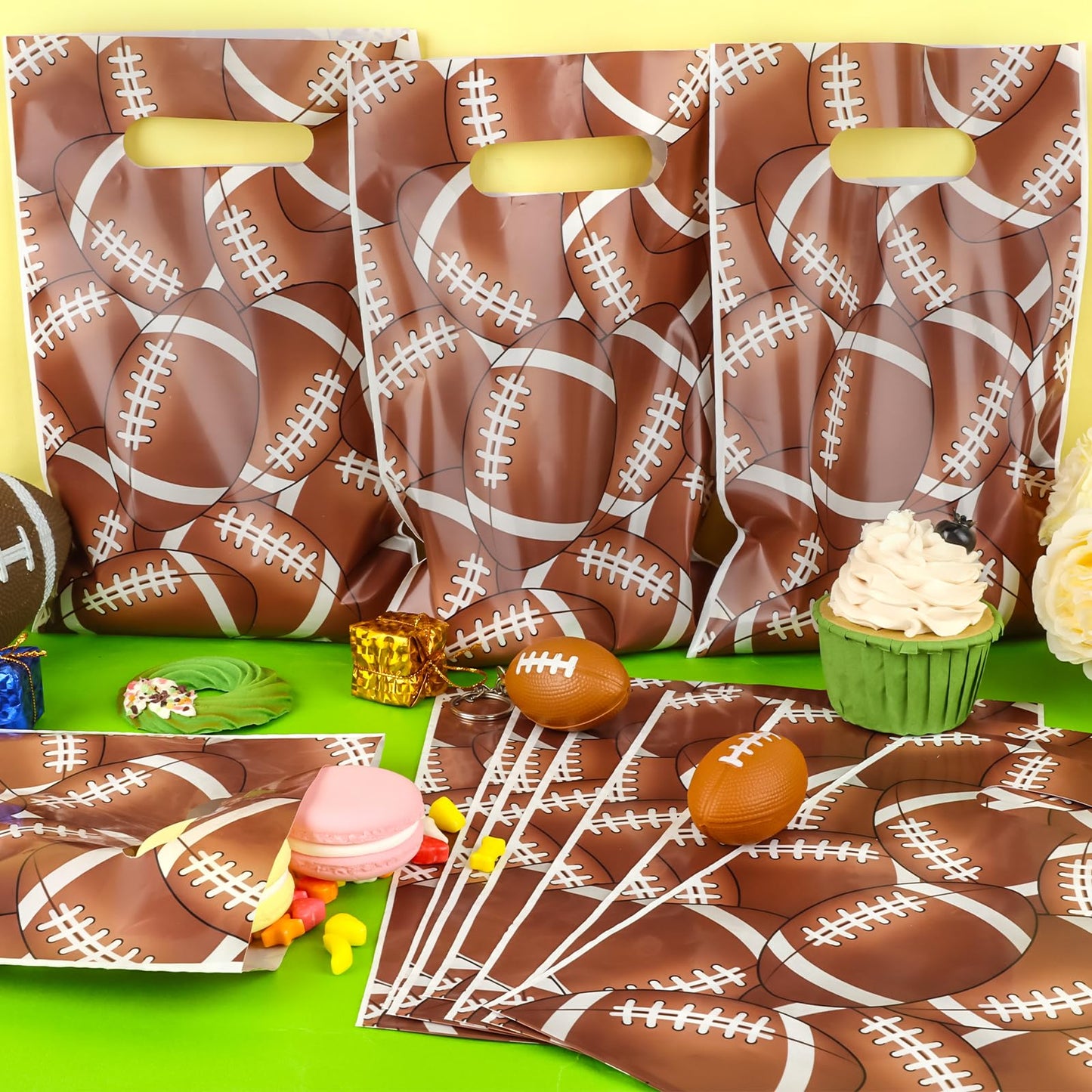 Hxezoc 50 Pieces Football Gift Bags with Handle, Plastic Treat Candy Bag Sport Favor Bags with Football Pile For Kids Birthday Party Decoration Supplies