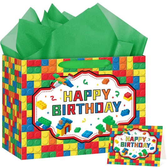 Hooqict Large Building Blocks Birthday Gift Bag Happy Birthday Gift Wrapping Bag with Handles, Tissue Paper, Greeting Card for Kids Boys Girls Building Bricks Theme Party Decorations Supplies