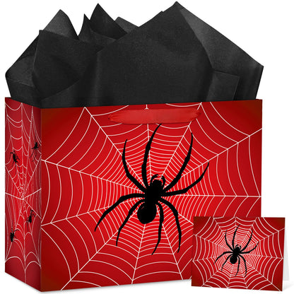 Abilat Large Spider Gift Bag with Tissue Paper and Greeting Card Red Spider Web Birthday Party Favor Wrapping Bag for Boys Men Valentine Halloween Party Decorations