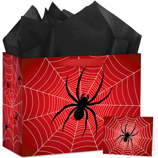 Abilat Large Spider Gift Bag with Tissue Paper and Greeting Card Red Spider Web Birthday Party Favor Wrapping Bag for Boys Men Valentine Halloween Party Decorations