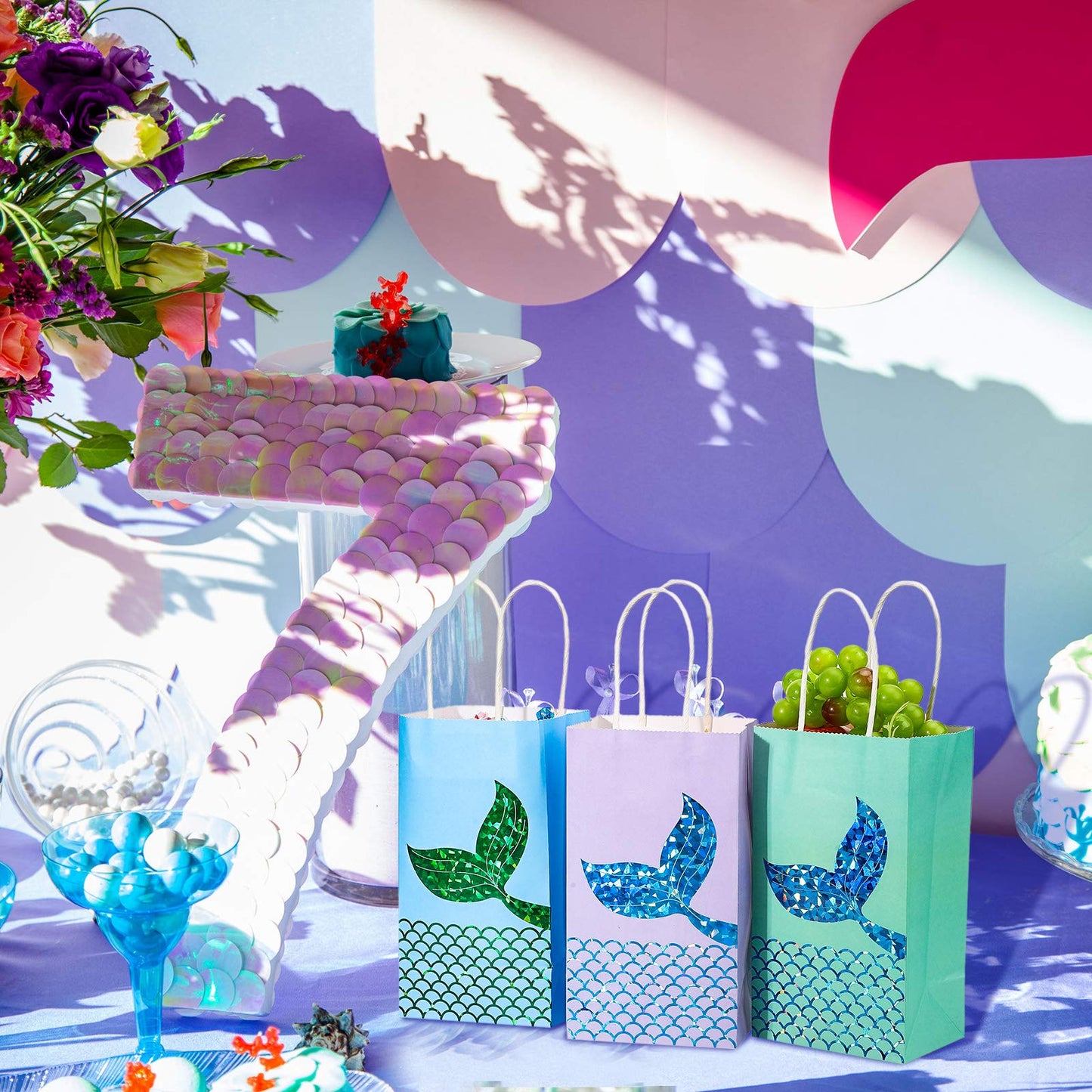 Zonon Mermaid Treats Goodie Candy Bags Set Princess Theme Party Gift Paper Bags Storage Portable for Birthday Pool Party Favors Supplies (18 Pcs)