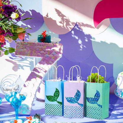 Zonon Mermaid Treats Goodie Candy Bags Set Princess Theme Party Gift Paper Bags Storage Portable for Birthday Pool Party Favors Supplies (18 Pcs)