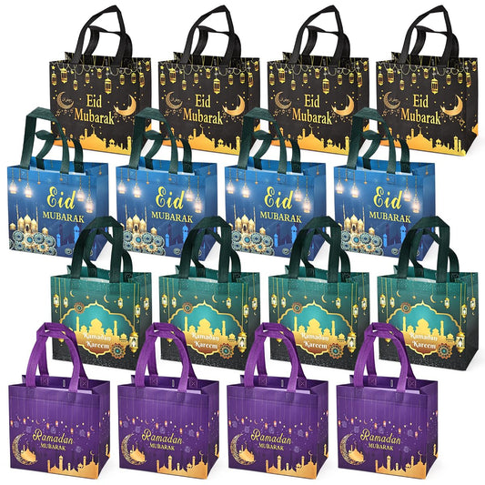 PARSUP 16PCS Eid Mubarak Reusable Gift Bags, Treat Bags with Handles, Ramadan Mubarak Party Bags, Multifunctional Non-Woven Eid Bags for Gifts Wrapping, Ramadan Kareem Party Supplies, 9.2"×8.7"×4.3"