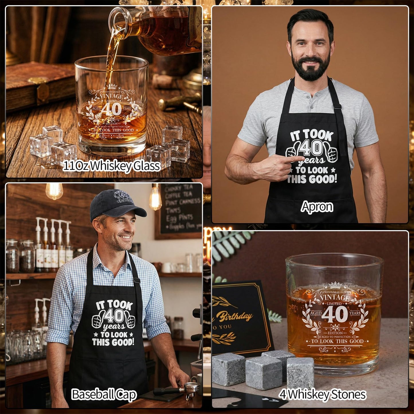 40th Birthday Gifts for Men Whiskey Glass Set with 11 Oz Glass, Stone, Ice Tong, Bottle Opener, Cap, Apron, Socks, Keychain, Greeting Card, 40th Birthday Party Supplies for Him, Dad, Husband
