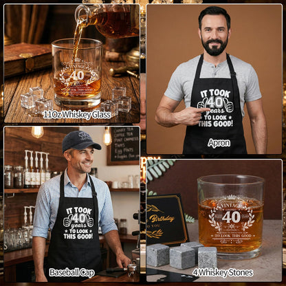 40th Birthday Gifts for Men Whiskey Glass Set with 11 Oz Glass, Stone, Ice Tong, Bottle Opener, Cap, Apron, Socks, Keychain, Greeting Card, 40th Birthday Party Supplies for Him, Dad, Husband