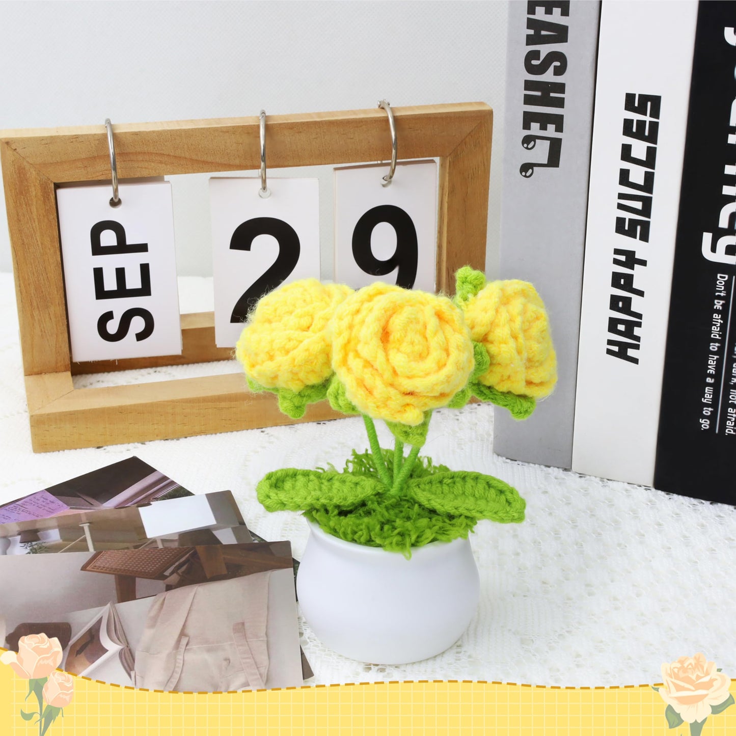 LAIDANLA Crochet Flowers Yellow Roses Mini Potted, Handmade Anniversary Graduation Appreciation Birthday Small Gifts for Women Friend Teacher Coworker Mom Knitted Flower for Desk Car