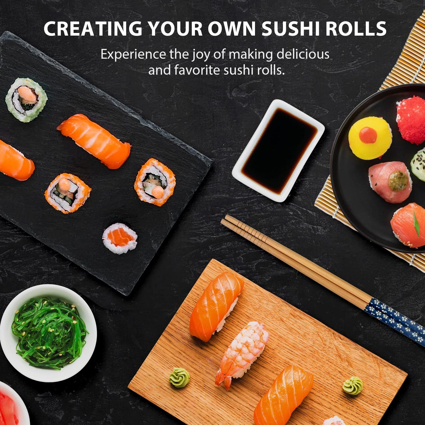 Soeos Sushi Making Kit, Sushi Making Kit for Beginners with 2 Sushi Rolling Mats, 5 Pairs Chopsticks, 1 Paddle, 1 Spreader, 1 Cotton Bag, All Natural Bamboo Sushi Maker Gift Set for Party & Family
