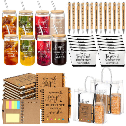 60 Pcs Employee Appreciation Gifts Bulk Never Forget Notebook Gift Bag Glass Cup Makeup Bag Bamboo Pen for Graduation Teacher Father Day Office Staff