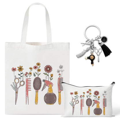 Y1tvei Hairdresser Canvas Bag Gift - 3Pcs Aesthetic Hair Stylist Canvas Tote Bag Cosmetic Pouch Keychain, Comb Scissors Print Set, Reusable Grocery Folding Shopping Handbag for Hairdresser