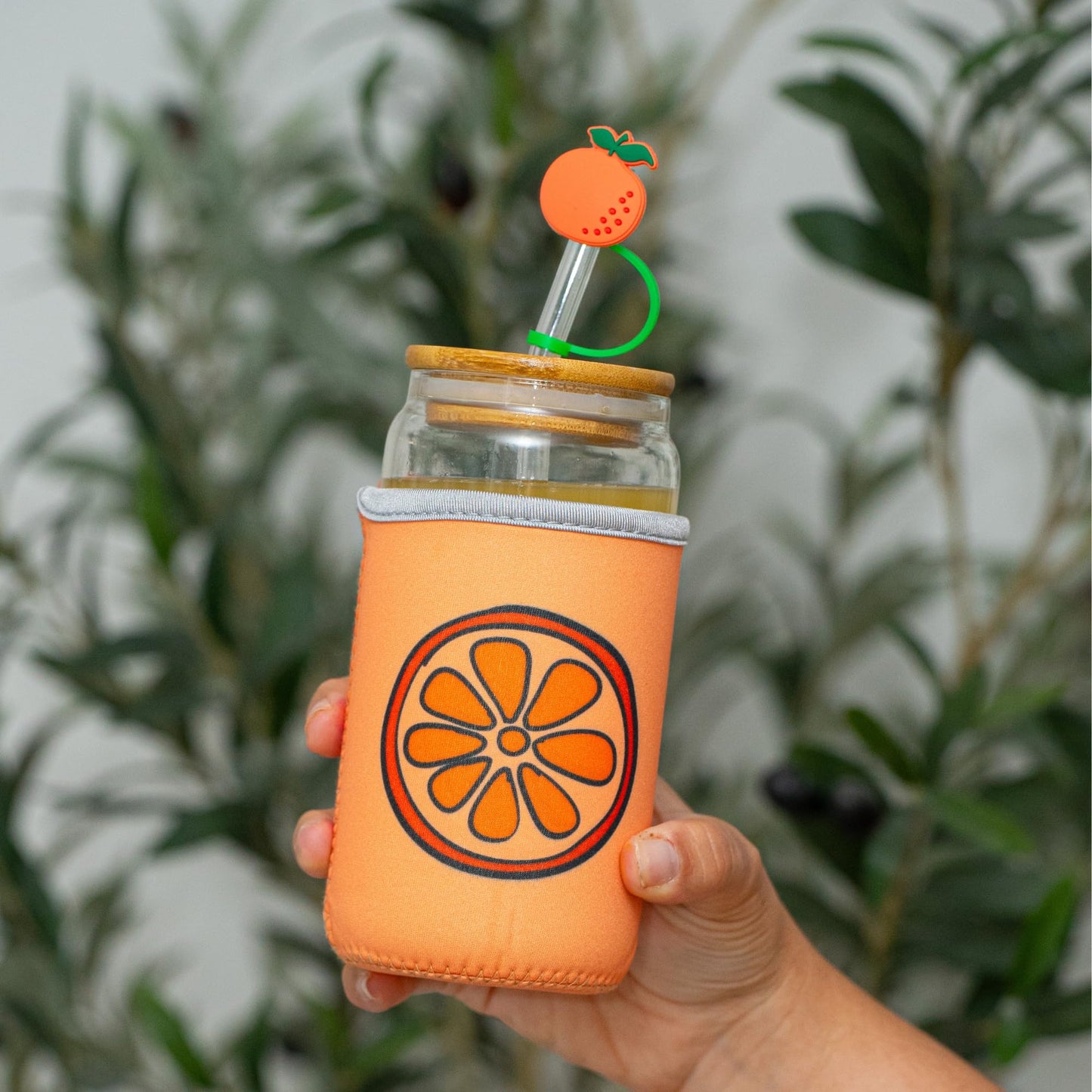 The Love Crate Co. Orange Gifts for Women - Glass Tumbler with Lid and Straw, Customized Straw Stopper and Cup Sleeve. Aesthetic Unique Design Iced Coffee Gift Cup for Mom, Teacher, Friend