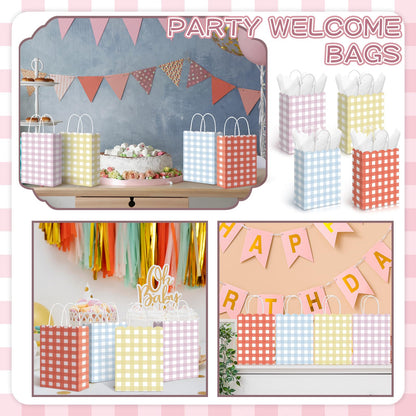 Kolldenn 24 Pcs Gingham Party Supplies Pastel Gift Bags 8.27 x 6.3 x 3.15 Inch Kraft Paper Checkered Plaid Candy Goodie Party Favors Bags for Easter Picnic BBQ Birthday Baby Shower Wedding