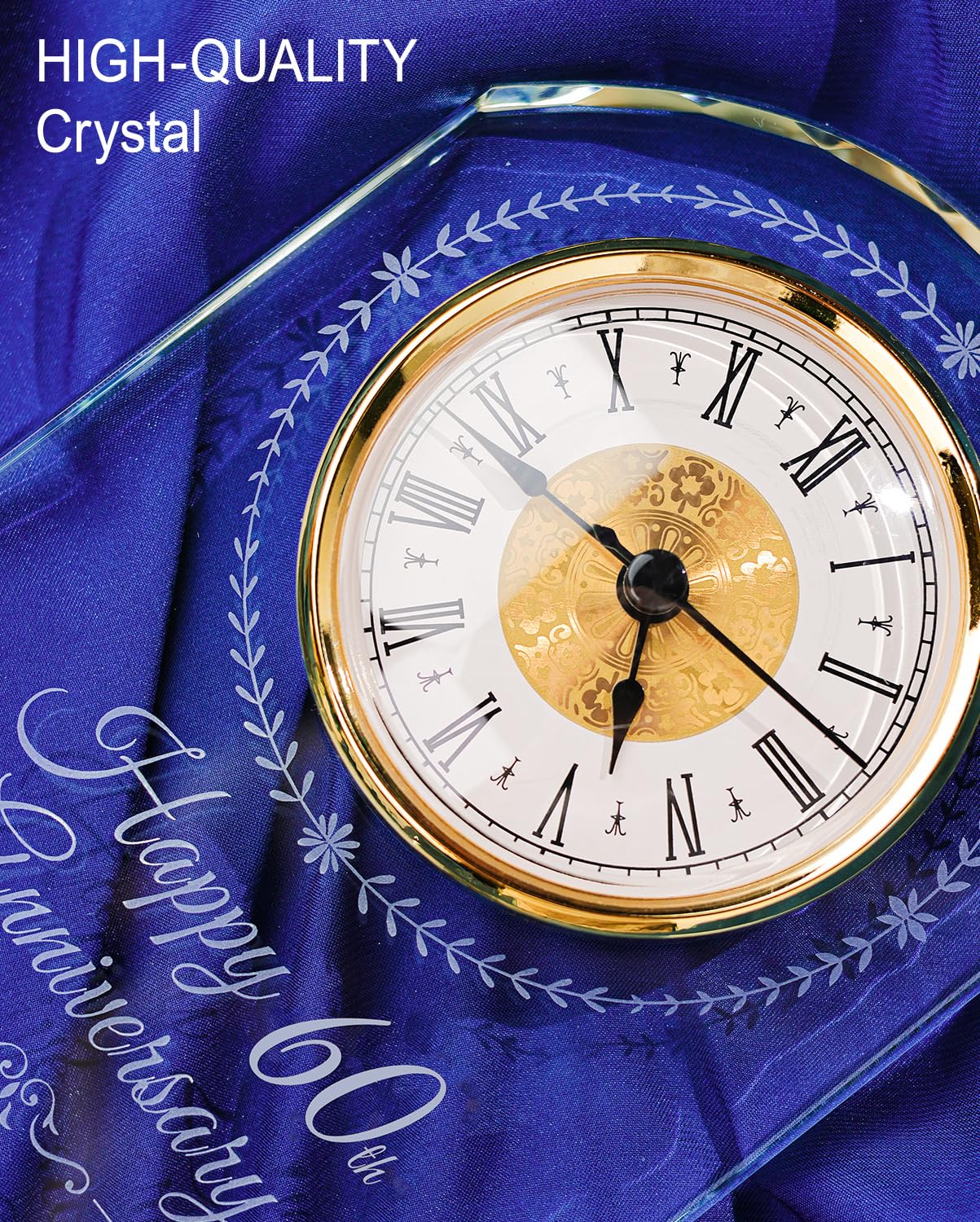 60th Wedding Anniversary Crystal Quartz Clock with Wooden Light Base,60 Years of Marriage Gift,Happy Diamond Anniversary Decoration Gift,for Parents,Grandparents,Couple