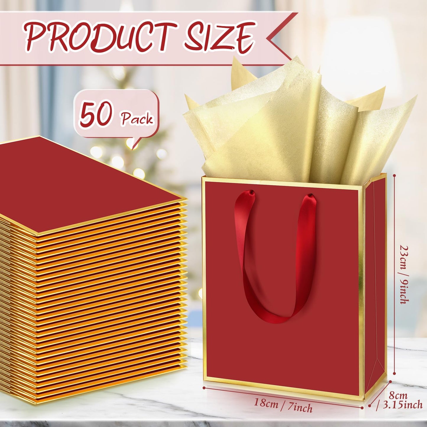 Yeaqee 50 Pack Metallic Gift Bags with Handle and Tissue Paper Gold Foil Thank You Bag for Graduation Wedding Groomsmen Bridal Baby Shower Gifts Holiday Party Favors 9x7x3.15'' (Burgundy Gold)
