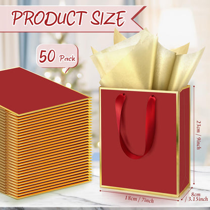 Yeaqee 50 Pack Metallic Gift Bags with Handle and Tissue Paper Gold Foil Thank You Bag for Graduation Wedding Groomsmen Bridal Baby Shower Gifts Holiday Party Favors 9x7x3.15'' (Burgundy Gold)