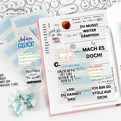 German Motivational Aesthetic Stickers for Teens Adults, 50PCS German Inspirational Quote Waterproof Stickers for Water Bottles Laptop Journal Scrapbook, Teacher Positive Decals for Students