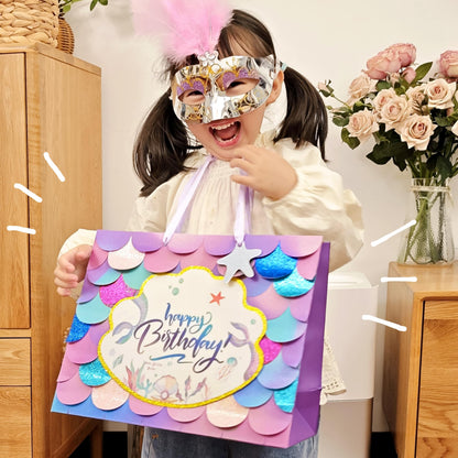 Crisky Mermaid Birthday Gift Bags for Girls with Tissue Paper and Seashell Card - 3 D Bling Design - Mermaid Gift Bag for Kids Women Birthday Decorations Purple Party Supplies Gifts Ideas