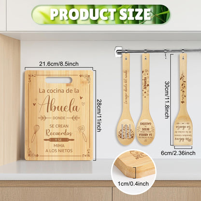 Maxdot 4 Pieces Mother's Day Spanish Gifts for Abuela Laser Engraved Bamboo Cutting Board Engraved Bamboo Cooking Board Gift Set for Grandma Mom from Daughter Grandchildren