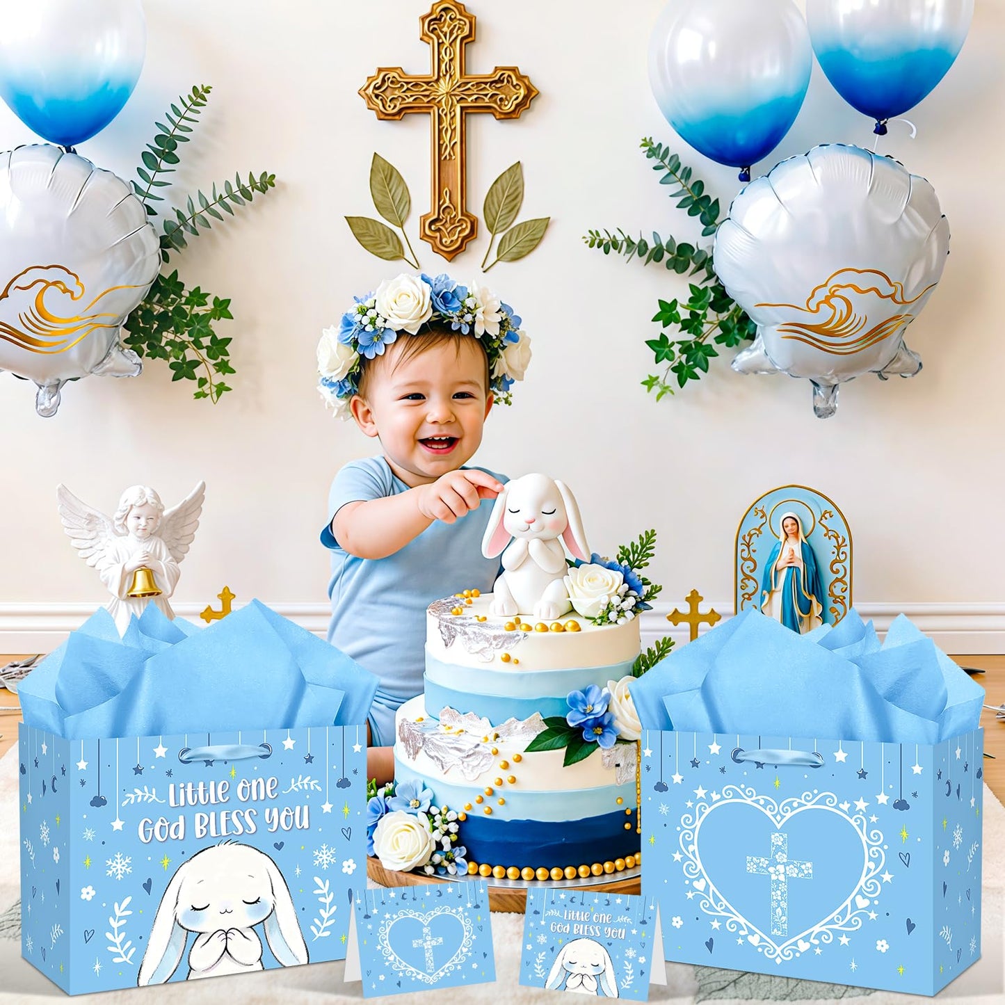 Blue Bunny Baptism Gift Bag for Baby Boys, God Bless You Religious Gift Bag with Greeting Card and Tissue Paper Christening First Holy Communion Party Supplies Boy Baptism Wrapping Paper Bag 11.8"
