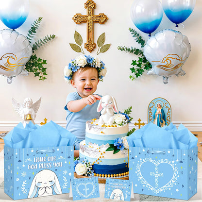 Blue Bunny Baptism Gift Bag for Baby Boys, God Bless You Religious Gift Bag with Greeting Card and Tissue Paper Christening First Holy Communion Party Supplies Boy Baptism Wrapping Paper Bag 11.8"