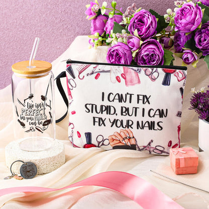 Shinylin 3 Pcs Nail Tech Gifts Set for Women 1 Glass Tumbler with Lids and Straw 1 Travel Makeup Bag 1 Novelty Keychain Manicurist Gifts for Birthday Graduation