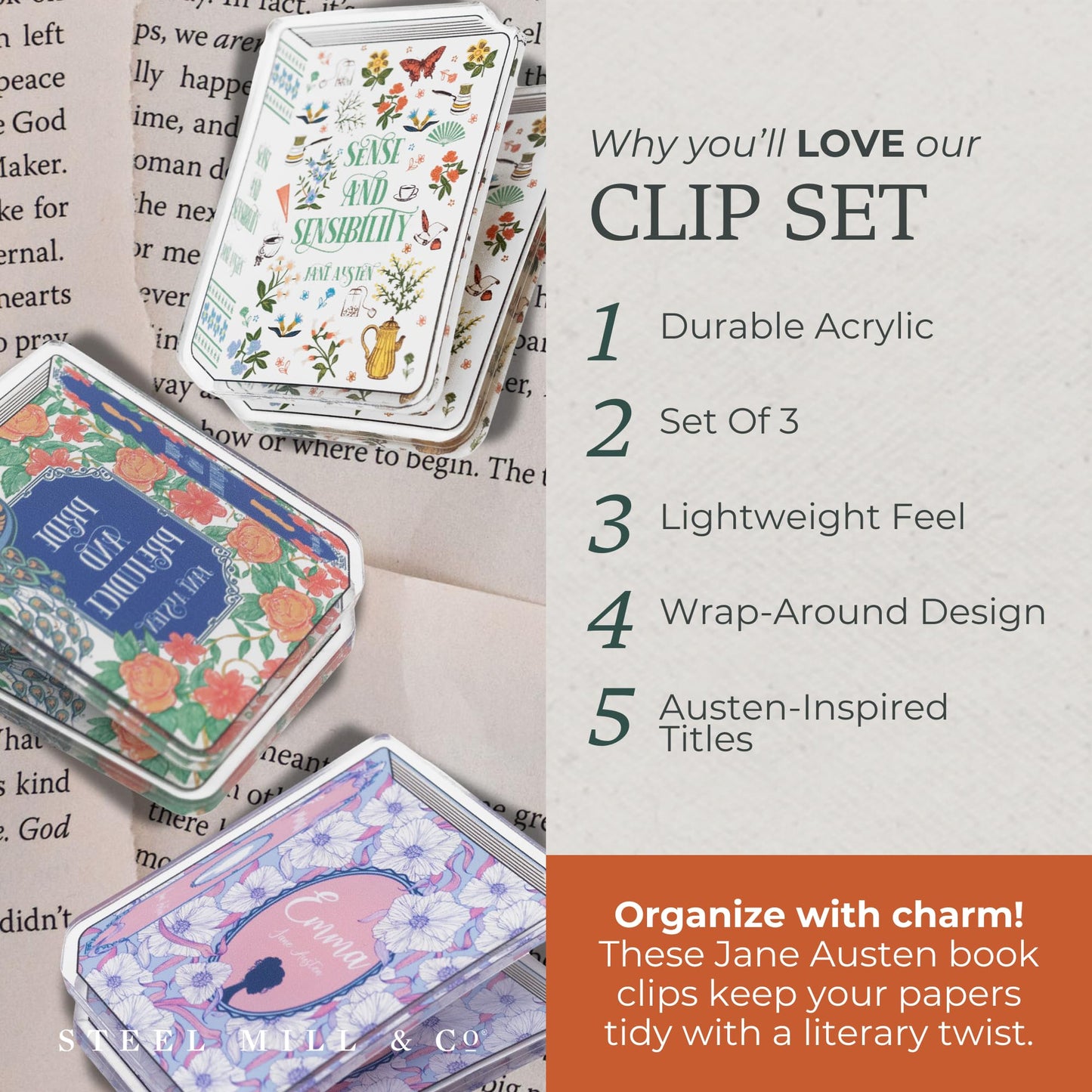 Steel Mill & Co Jane Austen Acrylic Document Clip Set of 3, Book Theme Organization Clips for Journaling, Gifts, Desk and Office Functional Decor (Pride & Prejudice, Sense & Sensibility, and Emma)
