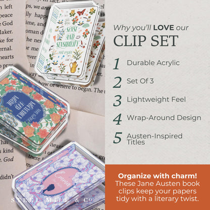 Steel Mill & Co Jane Austen Acrylic Document Clip Set of 3, Book Theme Organization Clips for Journaling, Gifts, Desk and Office Functional Decor (Pride & Prejudice, Sense & Sensibility, and Emma)
