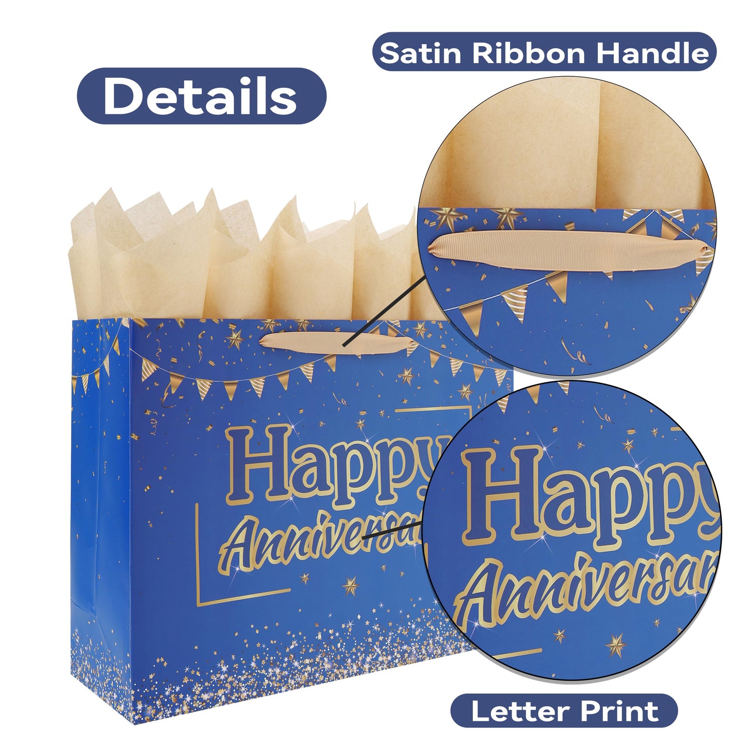 wishinside 16.5” Extra Large Anniversary Blue Gift Bag Set with Handles, Greeting Card, Tissue Papers and Stickers for Men Husband, for Anniversary Party, Wedding Party, 1 Pcs
