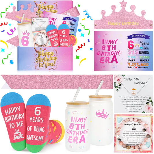 6 Year Old Girl Birthday Gift Set, Gifts for 6 Year Old Girls with Glass Cup (16oz), Socks, Pearl Necklace, Beaded Bracelet, Birthday Hat, Sash & Card