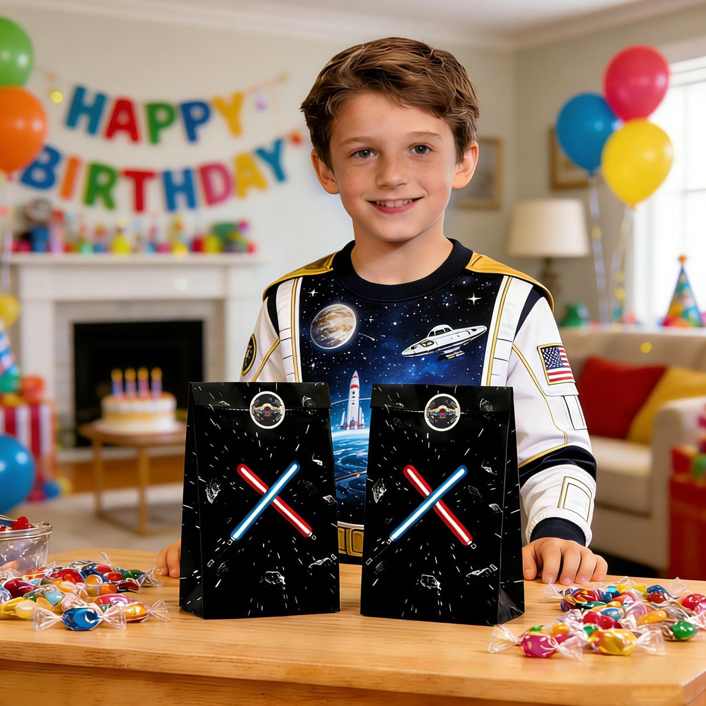 FestiVex 12Pcs Black Galaxy Goodie Paper Bags with Airship Stickers, Space Themed Candy Bags for Birthday Party Favors, Baby Shower, Video Game Party Decorations for Kids and Teens (12)