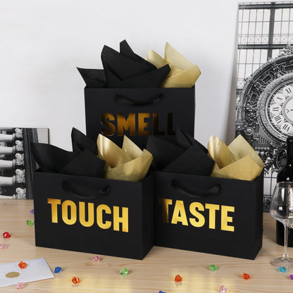 OEMVALATY 5 Senses Gift Bags for Him Her Five Senses Gift Bags with Ribbon Handles and Tissue Paper Present Wrappings for Valentine Wedding Anniversary Birthday Christmas(Black, 12.6''x8.8''x4'')