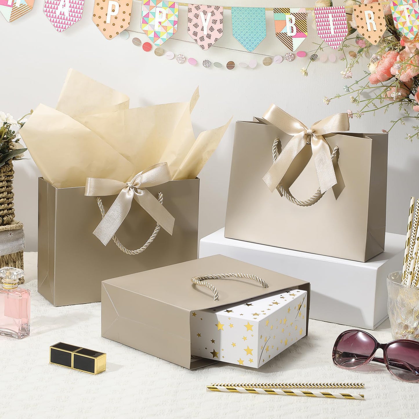 DOYIDE 30 Pack Gift Bags Medium Size with Ribbon and Greeting Cards Tissue Paper, 9"x7"x3.1" Portable Paper Gift Bag with Handles, Thank You Bags for Wedding Birthday Party Mothers Day Bridal Shower