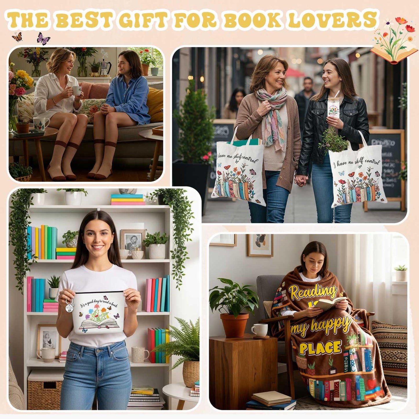 Paterr 6 Pcs Book Lover Gifts for Women, Mother's Day Book Club Gifts for Bookish, Canvas Tote Bag Makeup Bag Print Blanket Socks 16oz Glass Coffee Cup with Straw Cute Keychain for Librarian Birthday