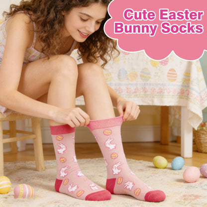 Easter Socks for Women, Funny Bunny Egg Crew Socks Teens Girls Easter Basket Stuffers Novelty Gift for Rabbit Lovers