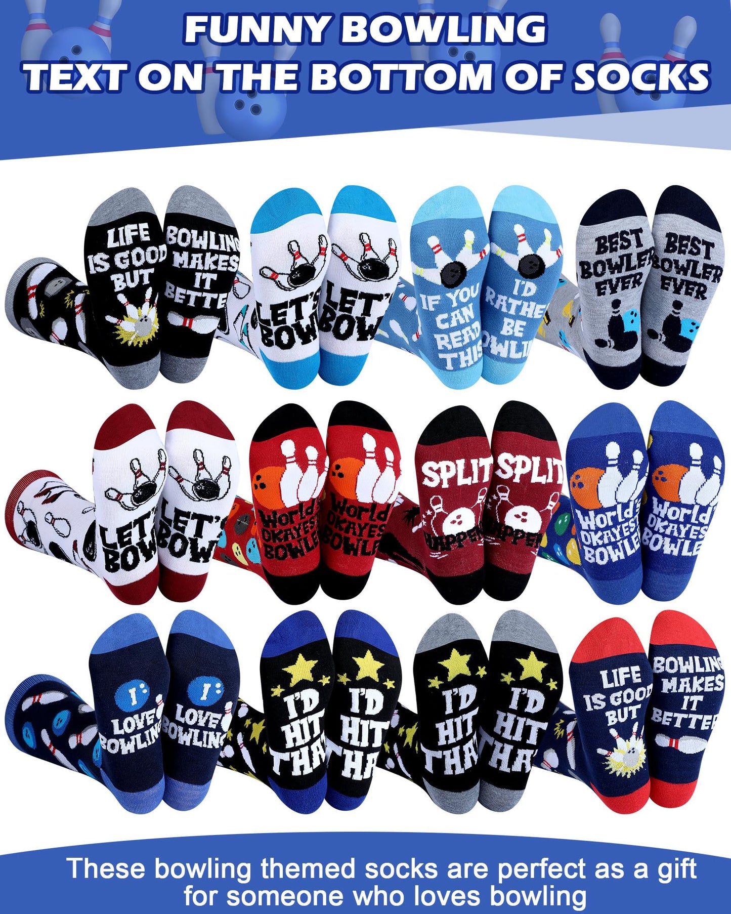 Patelai 12 Pairs Funny Bowling Socks for Men Novelty Sport Cotton Crew Socks Accessories for Bowling Lover Team Player Gifts