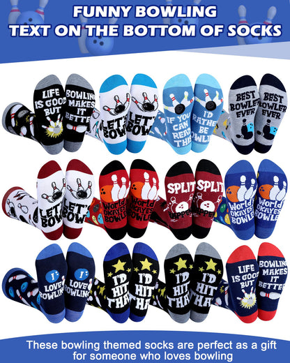 Patelai 12 Pairs Funny Bowling Socks for Men Novelty Sport Cotton Crew Socks Accessories for Bowling Lover Team Player Gifts