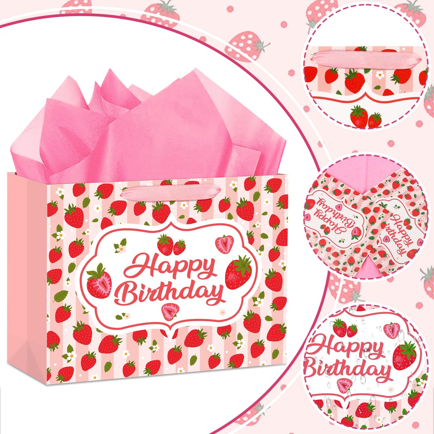Hooqict Large Strawberry Birthday Gift Bag Pink Happy Birthday Gift Wrapping Bag with Handles, Tissue Paper, Greeting Card for Girls Kids Women Sweet Strawberry Party Decorations Supplies