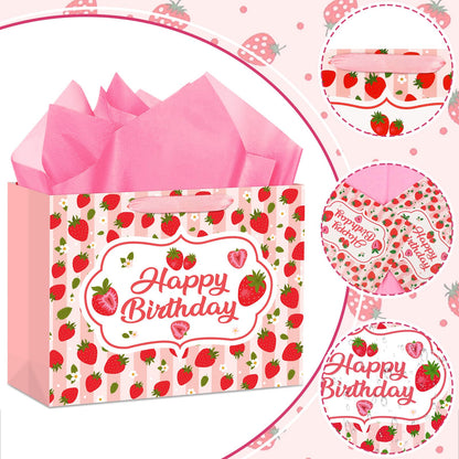 Hooqict Large Strawberry Birthday Gift Bag Pink Happy Birthday Gift Wrapping Bag with Handles, Tissue Paper, Greeting Card for Girls Kids Women Sweet Strawberry Party Decorations Supplies