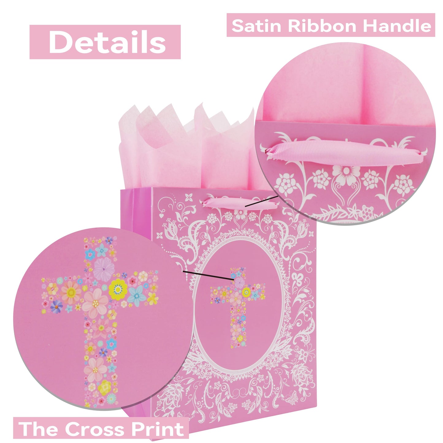 13'' Large Floral Religious Gift Bag Set with Handles, Greeting Card, Gold Tissue Papers and Stickers for Women Girls for Girls Women, for First Communions, Baby Girl Baptisms, Christenings, Religious Occasion, Clergy Day, Cross Design, 1 Pcs