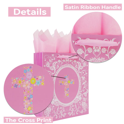13'' Large Floral Religious Gift Bag Set with Handles, Greeting Card, Gold Tissue Papers and Stickers for Women Girls for Girls Women, for First Communions, Baby Girl Baptisms, Christenings, Religious Occasion, Clergy Day, Cross Design, 1 Pcs