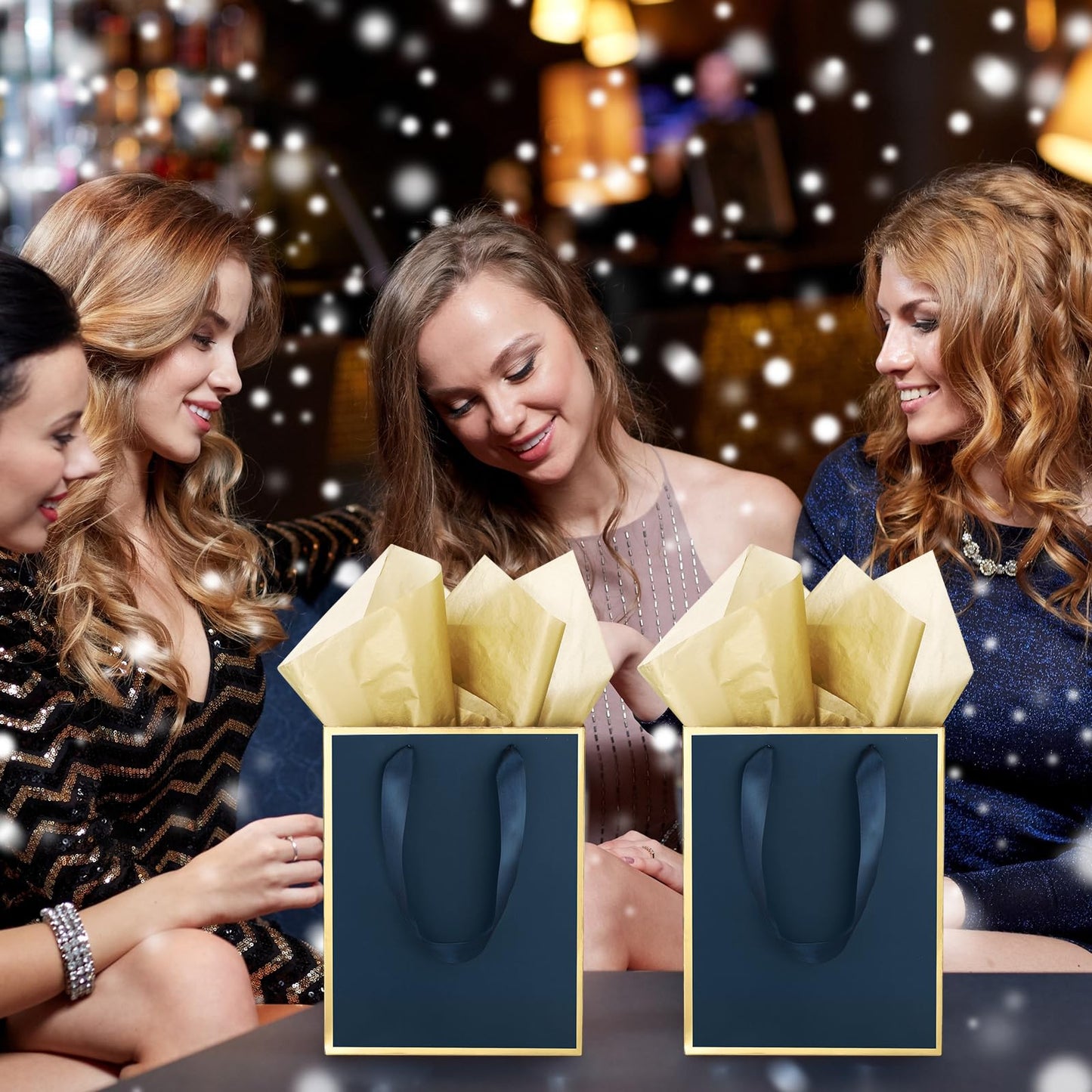 Yeaqee 24 Pack Metallic Paper Gift Bags with Handle and Tissue 9x7x3.1 Gold Foil Welcome Thank You Favor Bags Return Gifts for Wedding St. Patrick's 5 Senses Bridesmaid Birthday(Navy Blue, Gold)