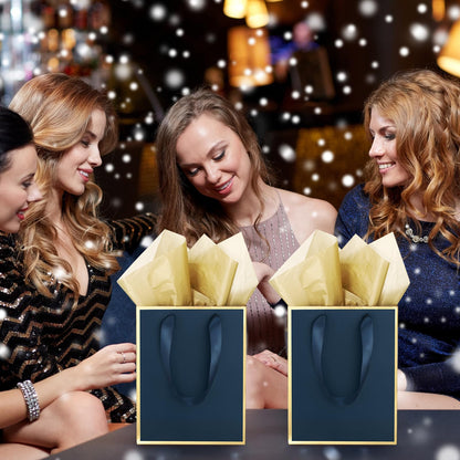 Yeaqee 24 Pack Metallic Paper Gift Bags with Handle and Tissue 9x7x3.1 Gold Foil Welcome Thank You Favor Bags Return Gifts for Wedding St. Patrick's 5 Senses Bridesmaid Birthday(Navy Blue, Gold)