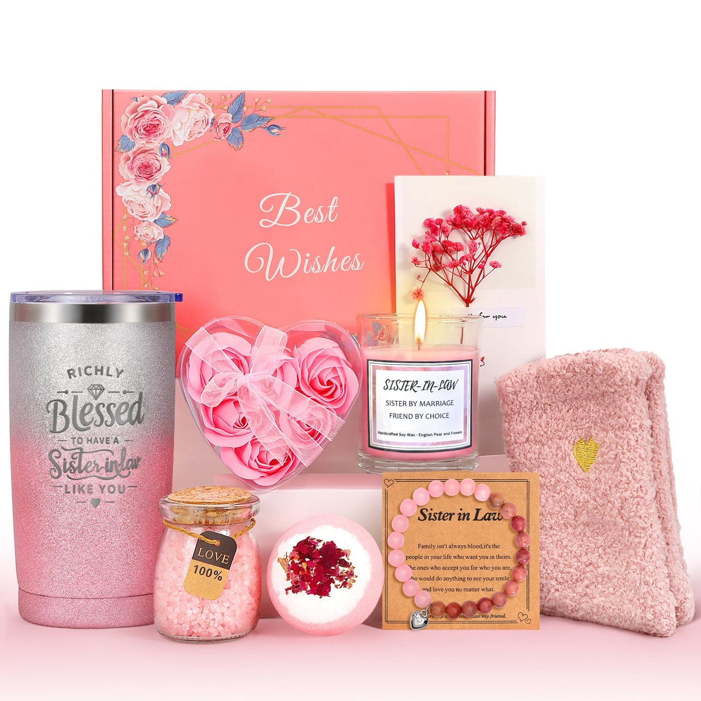 Sister in Law Gifts - Pink Gift Basket Set, Birthday, Christmas, Wedding, Spa Day, Best Gifts for Sister-in-Law, includes Coffee Mug