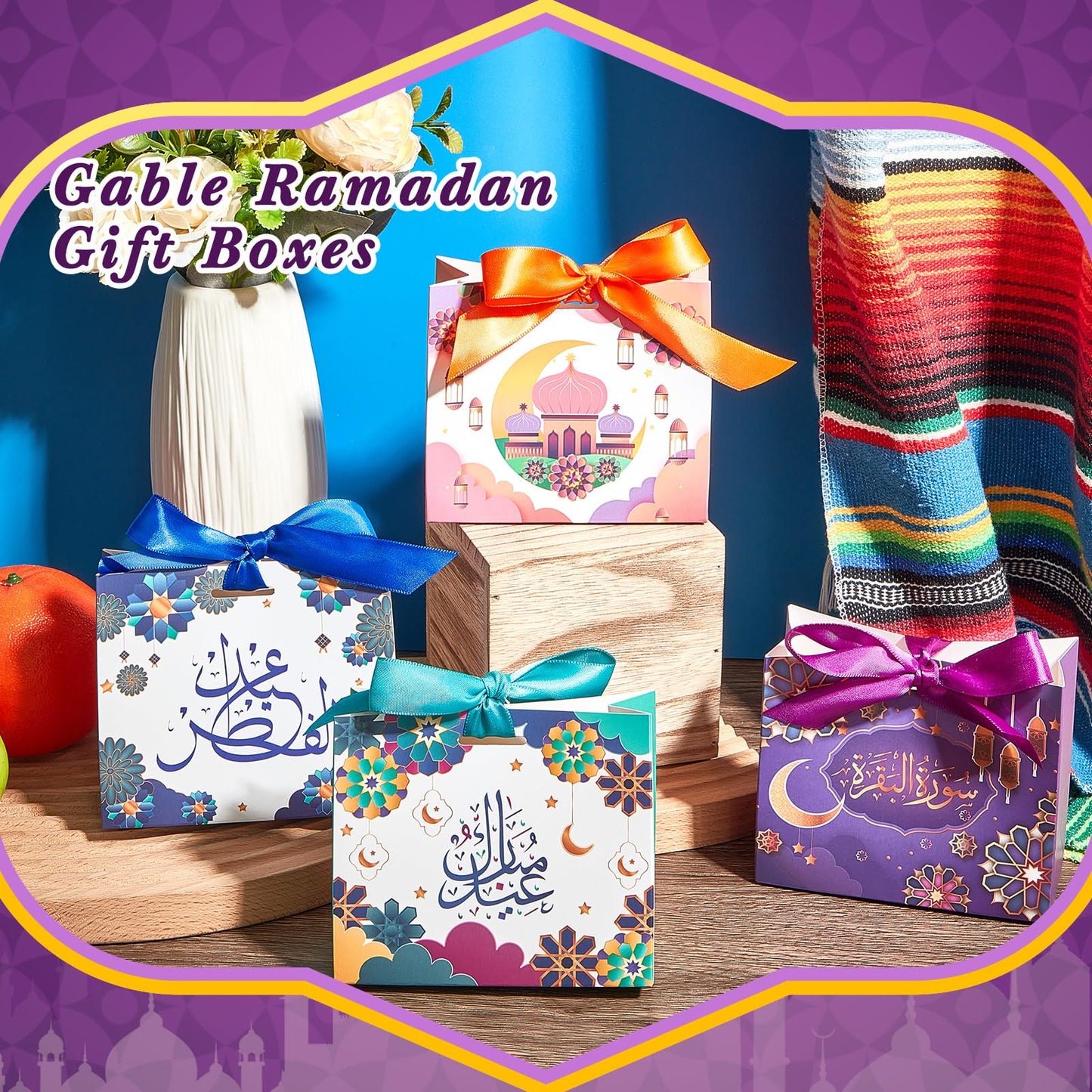 Kritkin 48 Pcs Eid Mubarak Gift Bags with Ribbons Muslim Ramadan Gift Bags Eid Decorations Eid Mubarak Party Favors Goodie Boxes with Castle Moon Star for Ramadan Party Treat Kids Candy Supplies
