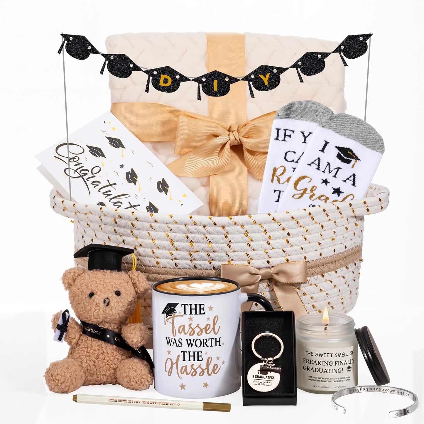 Zopeal 11 Pcs Graduation Gift for Her Him 2026, Congrats Grad Gift Basket for College or High School,Graduation Set with Mug, Candle, Blanket, Socks, Bracelet, Keychain, Banner, Bear (White)