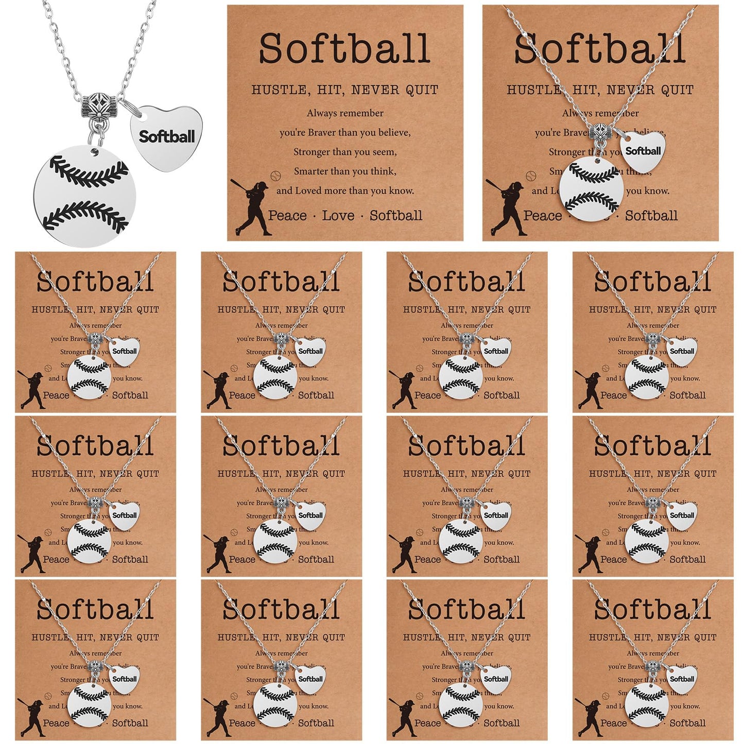 Landical 12 Set Baseball Football Softball Necklace Team Gift Bulk Sport Team Necklace for Women Sport Lovers Party Favors Inspirational Jewelry Pendant with Card and Opp Bags