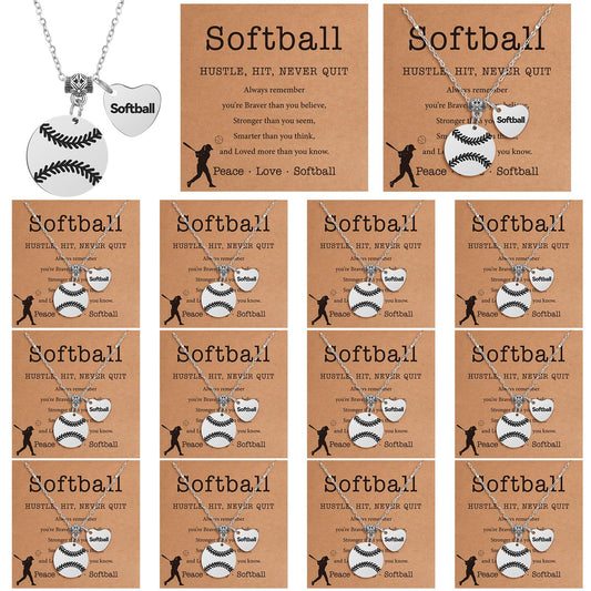 Landical 12 Set Baseball Football Softball Necklace Team Gift Bulk Sport Team Necklace for Women Sport Lovers Party Favors Inspirational Jewelry Pendant with Card and Opp Bags