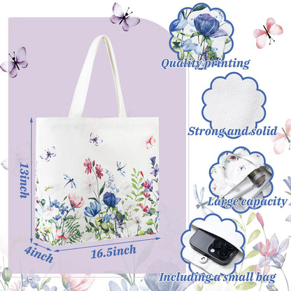 Bencailor 6 Pcs Floral Canvas Tote Bags Bulk Summer Flower Tote Gift Bags Reusable Aesthetic Wildflowers Shopping Grocery Handbags for Women Gifts
